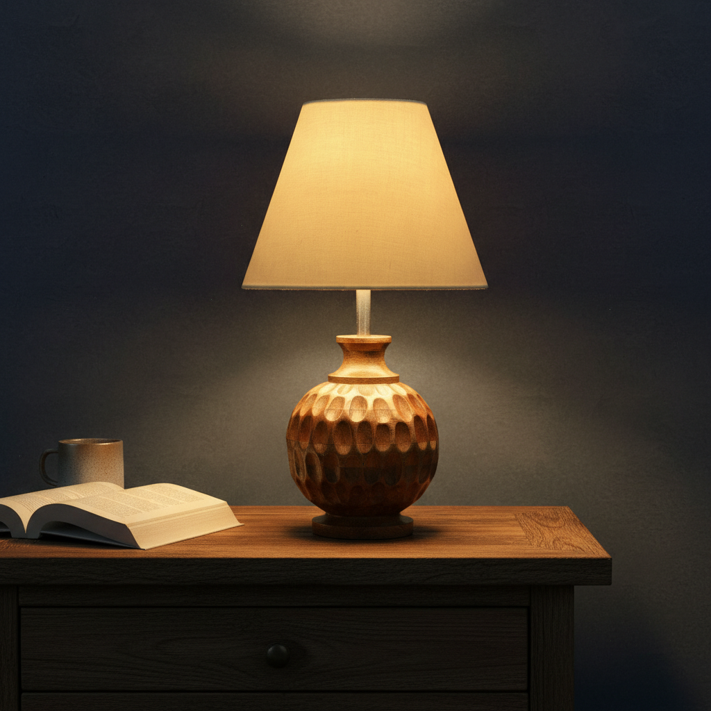 Artisan Carved Wood Table Lamp – Elegant Bedroom & Living Room Accent Light, Pack Of 1(Pale Yellow) - Image 3