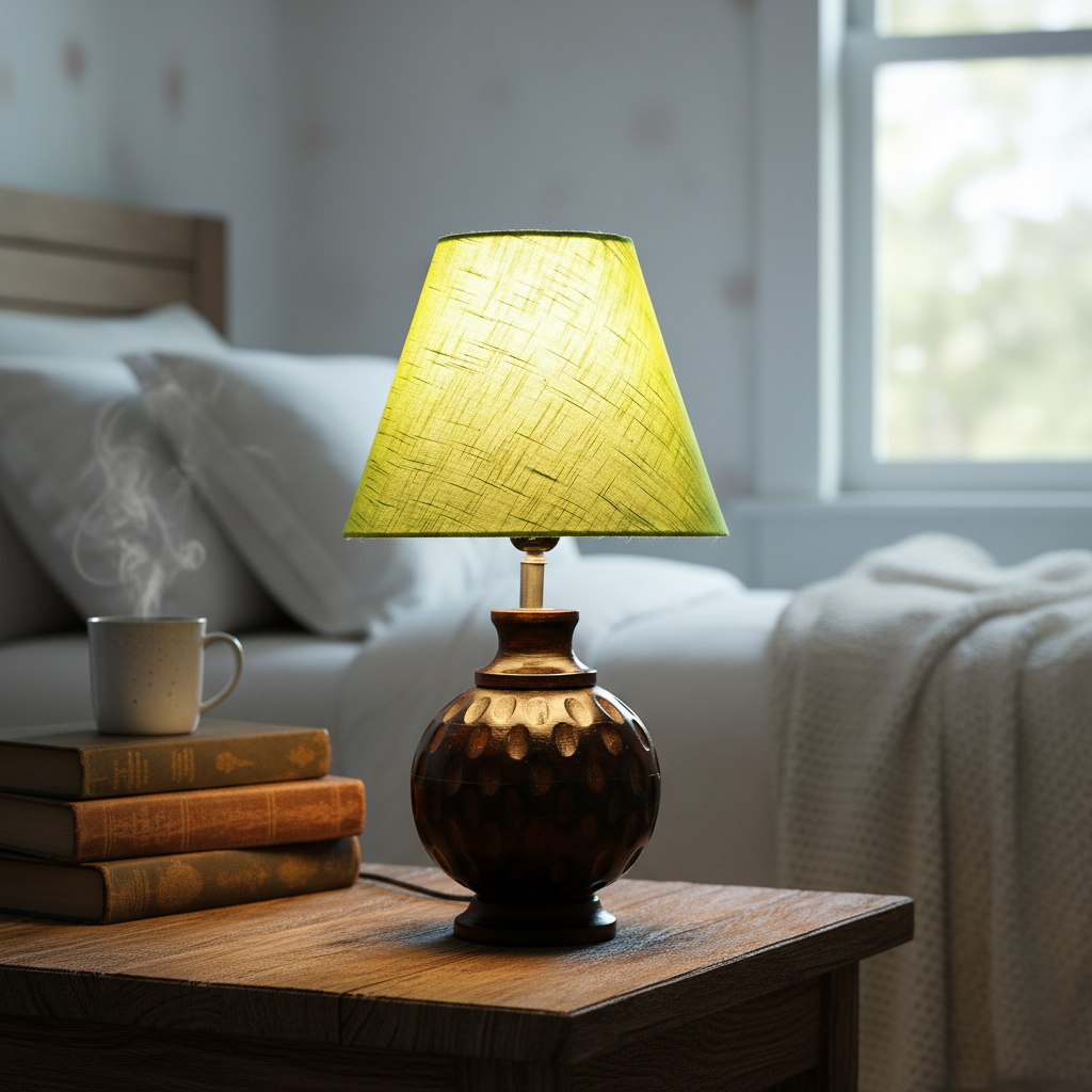 Rustic Wooden Bedside Table Lamp with Linen Shade – Traditional Night Lamp for Home Décor, Pack Of 1(Green Texture) - Image 6