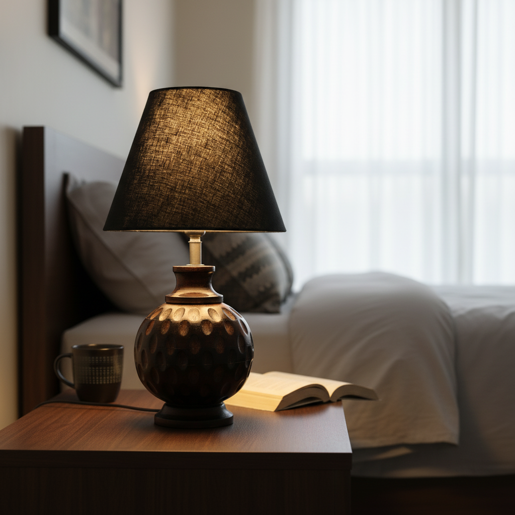 Rustic Wooden Bedside Table Lamp with Linen Shade – Traditional Night Lamp for Home Décor, Pack Of 1(Black) - Image 2