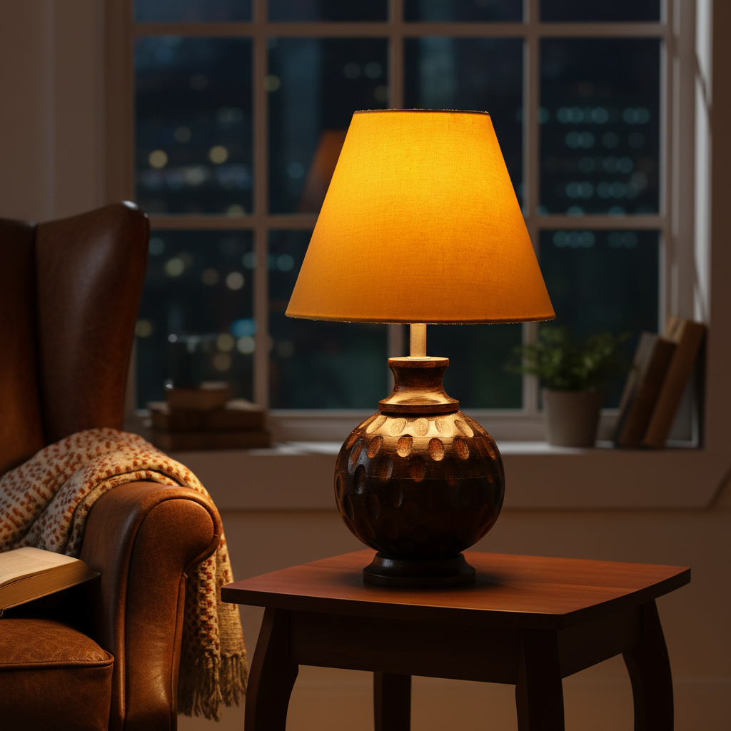 Rustic Wooden Bedside Table Lamp with Linen Shade – Traditional Night Lamp for Home Décor, Pack Of 1(Yellow) - Image 5