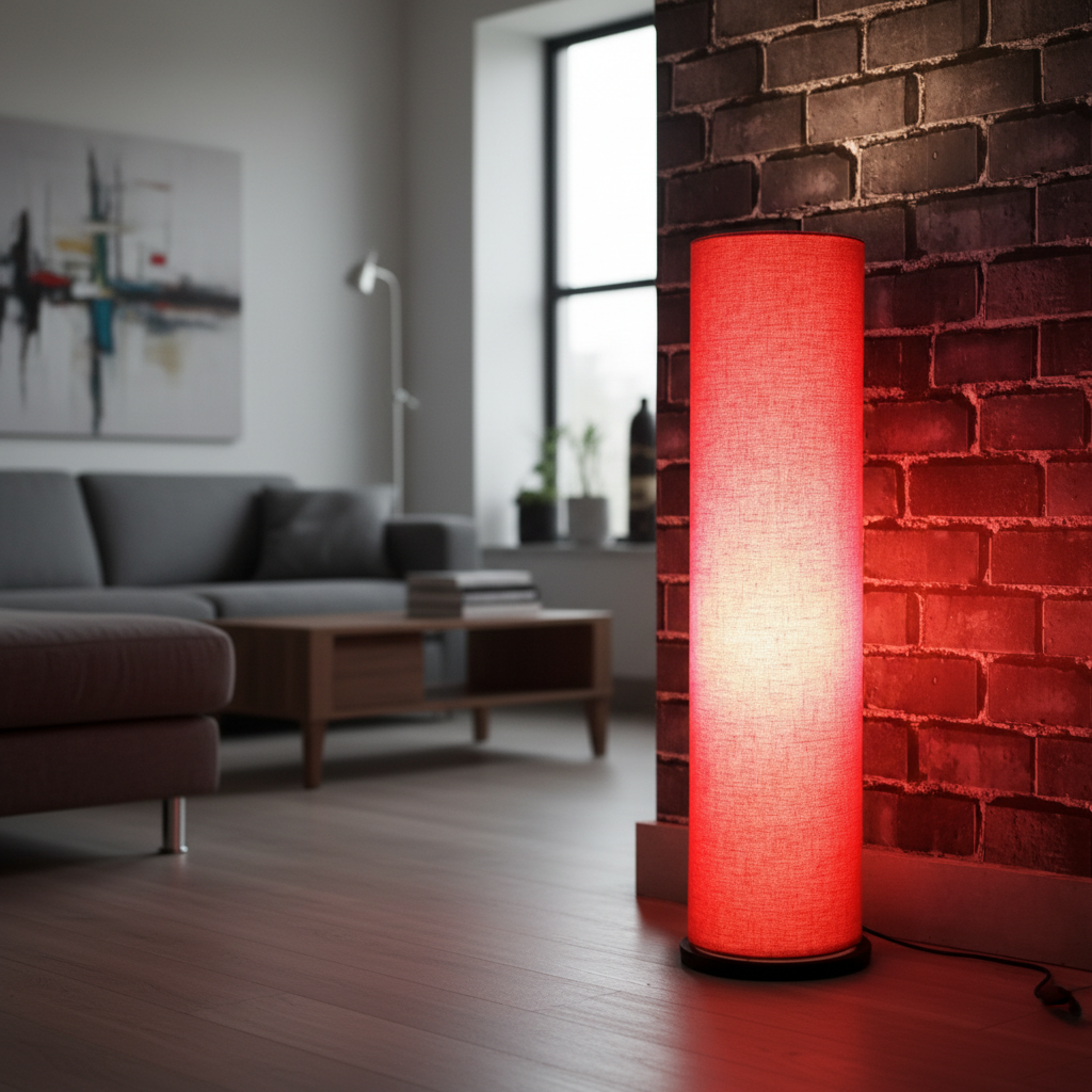 Wooden Base Cylinder Shape Corner Decorative Floor Lamp, Red- Pack Of 1