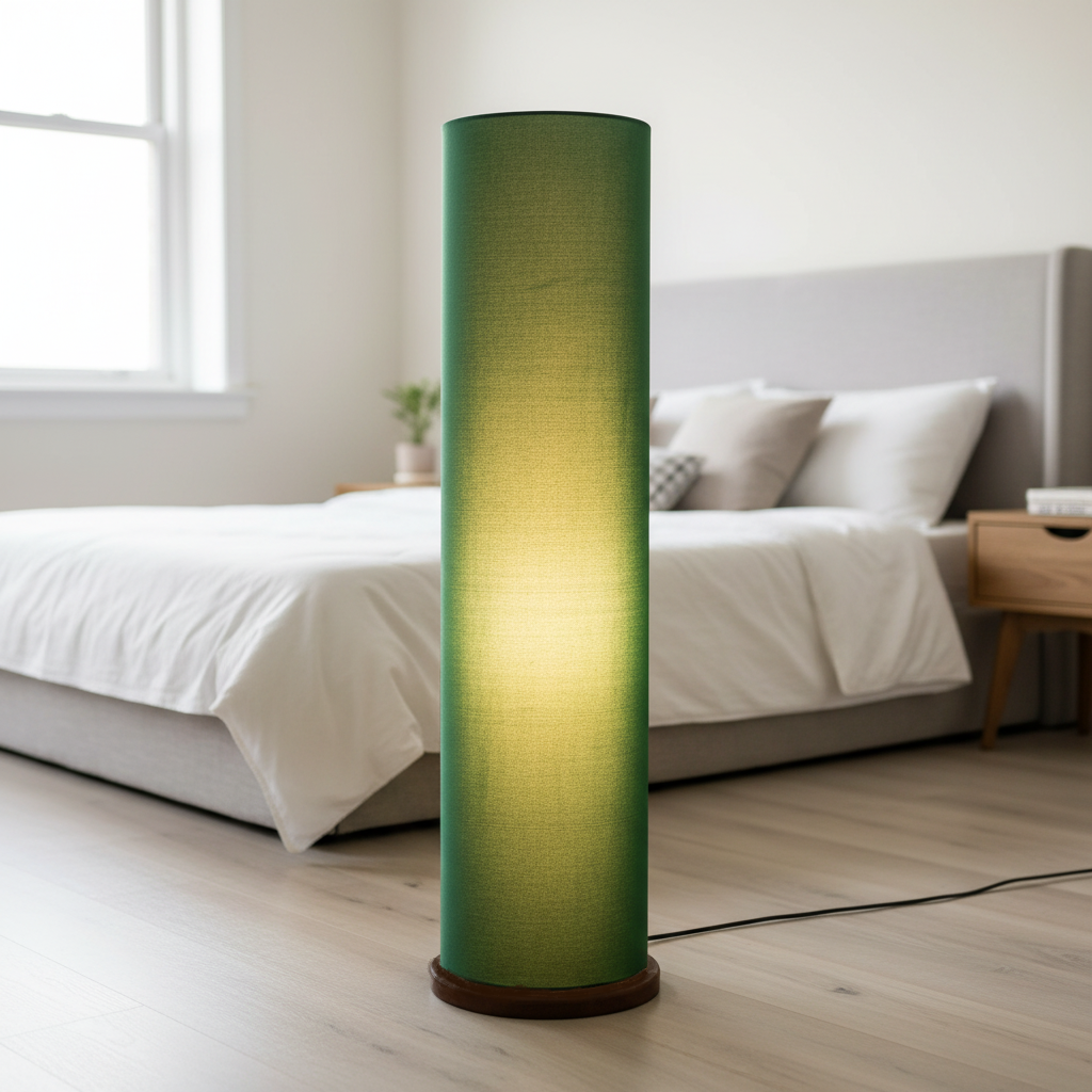 Wooden Base Cylinder Shape Corner Decorative Floor Lamp, Green- Pack Of 1