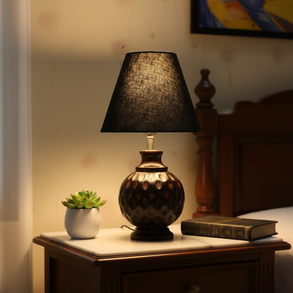 Rustic Wooden Bedside Table Lamp with Linen Shade – Traditional Night Lamp for Home Décor, Pack Of 1(Black) - Image 9