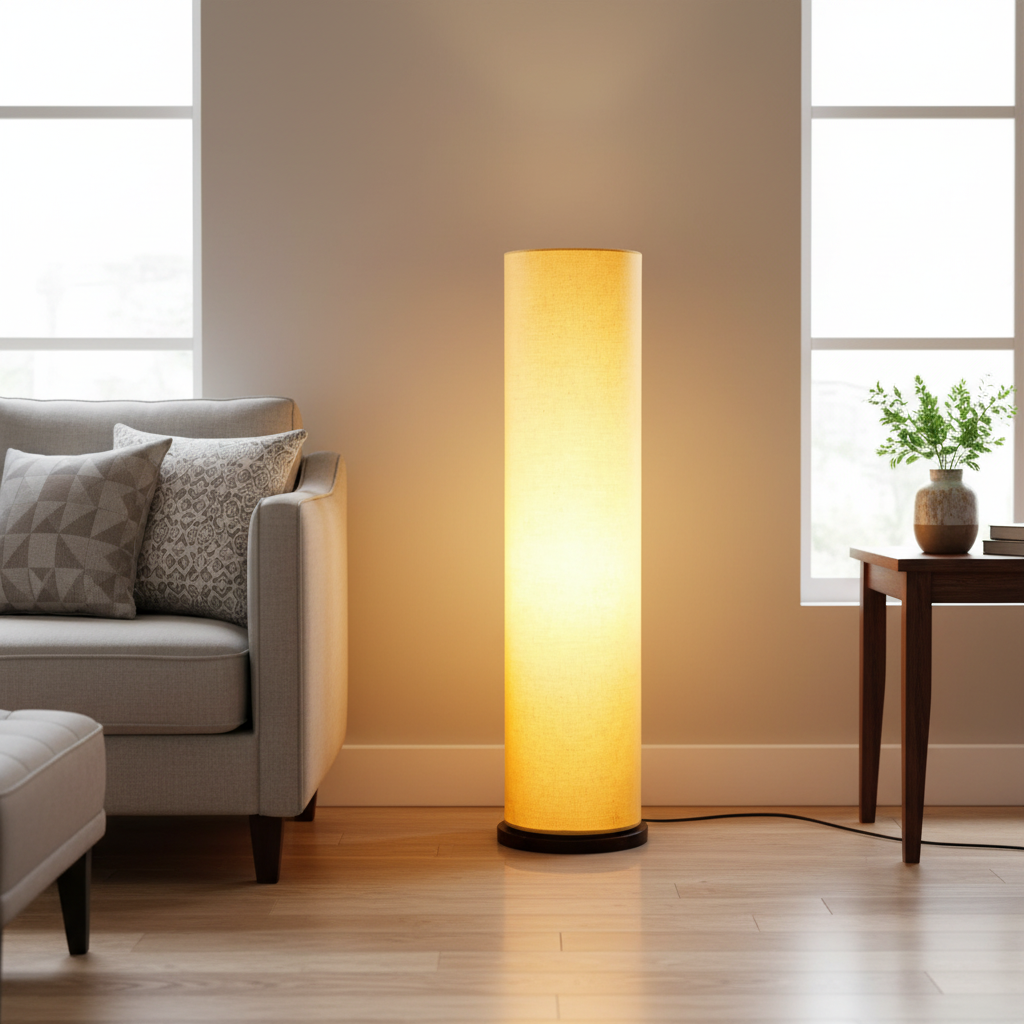 Wooden Base Cylinder Shape Corner Decorative Floor Lamp, Yellow- Pack Of 1 - Image 8