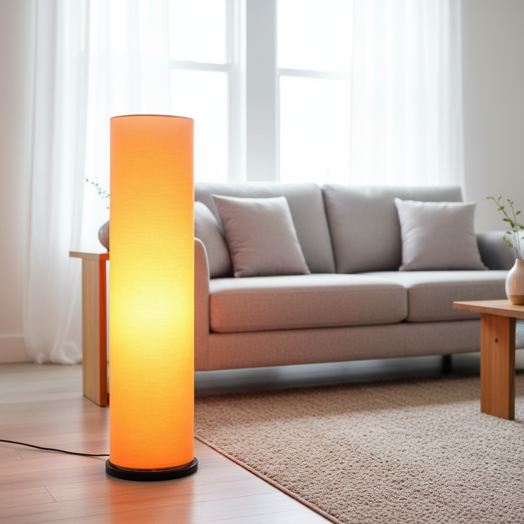 Wooden Base Cylinder Shape Corner Decorative Floor Lamp, Orange- Pack Of 1