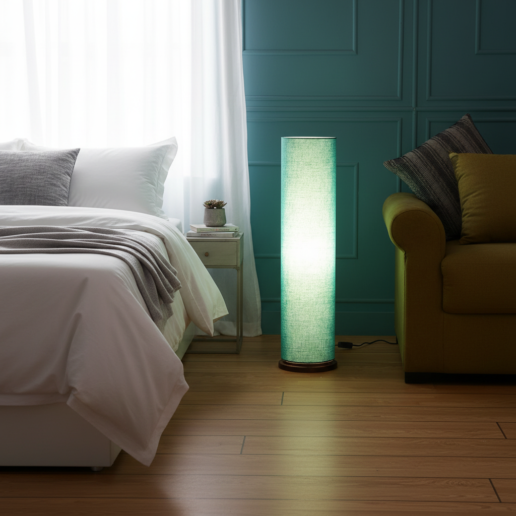 Wooden Base Cylinder Shape Corner Decorative Floor Lamp, Teal- Pack Of 1 - Image 3