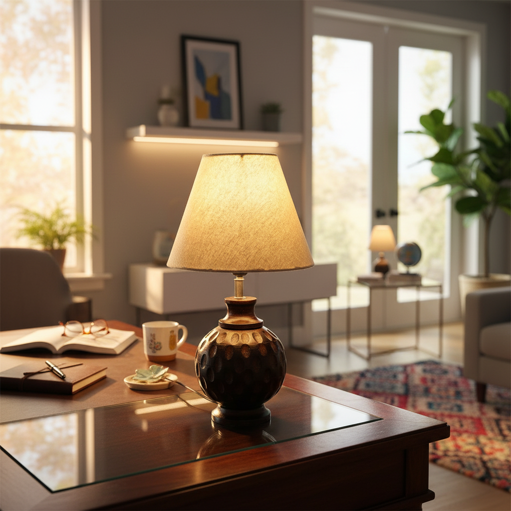 Rustic Wooden Bedside Table Lamp with Linen Shade – Traditional Night Lamp for Home Décor, Pack Of 1(Beige) - Image 8