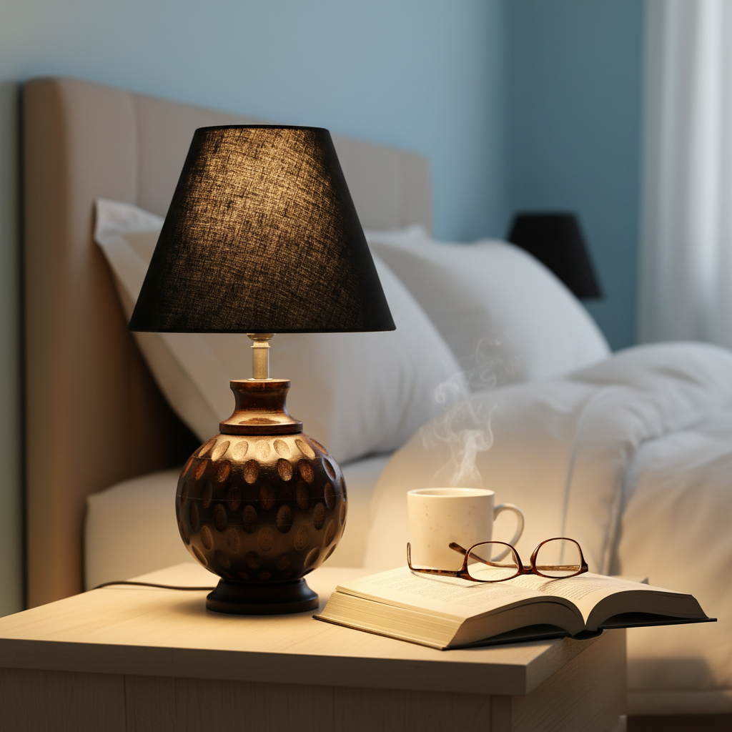 Rustic Wooden Bedside Table Lamp with Linen Shade – Traditional Night Lamp for Home Décor, Pack Of 1(Black) - Image 11