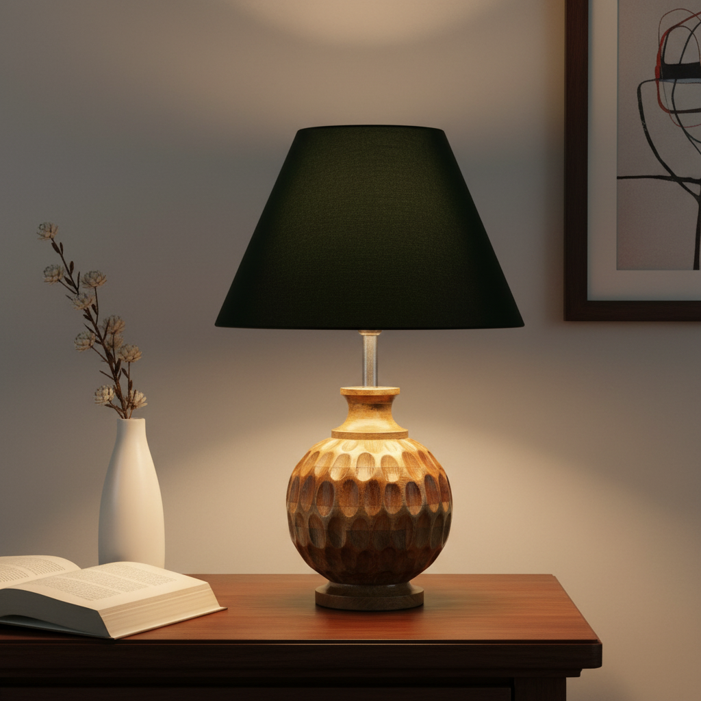 Artisan Carved Wood Table Lamp – Elegant Bedroom & Living Room Accent Light, Pack Of 1(Dark Green) - Image 9