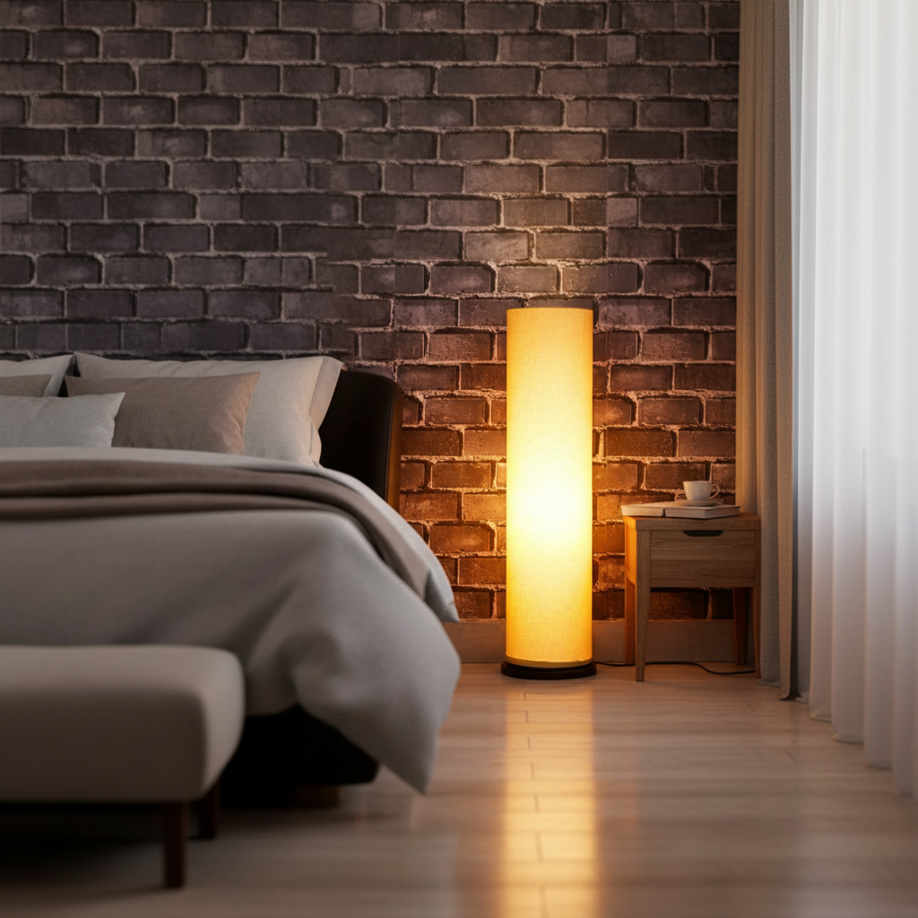 Wooden Base Cylinder Shape Corner Decorative Floor Lamp, Yellow- Pack Of 1 - Image 9