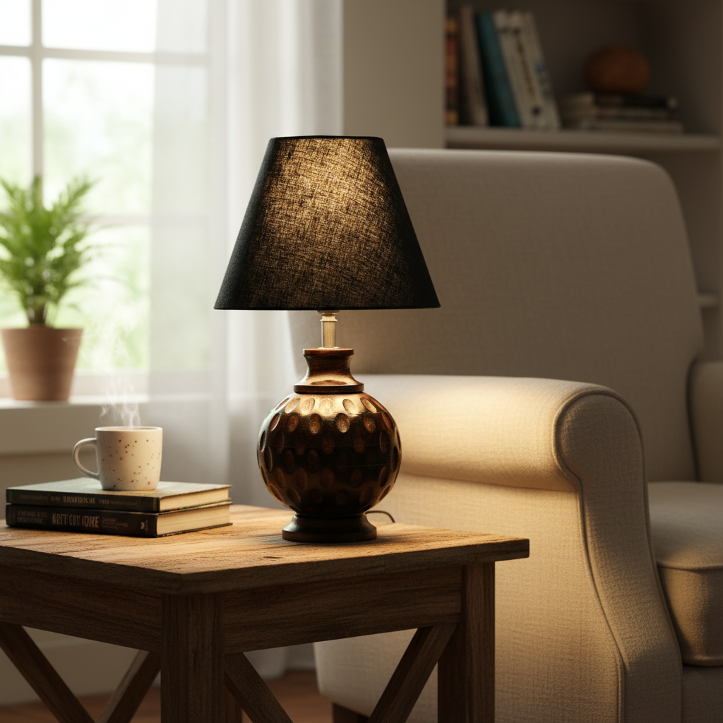 Rustic Wooden Bedside Table Lamp with Linen Shade – Traditional Night Lamp for Home Décor, Pack Of 1(Black) - Image 5