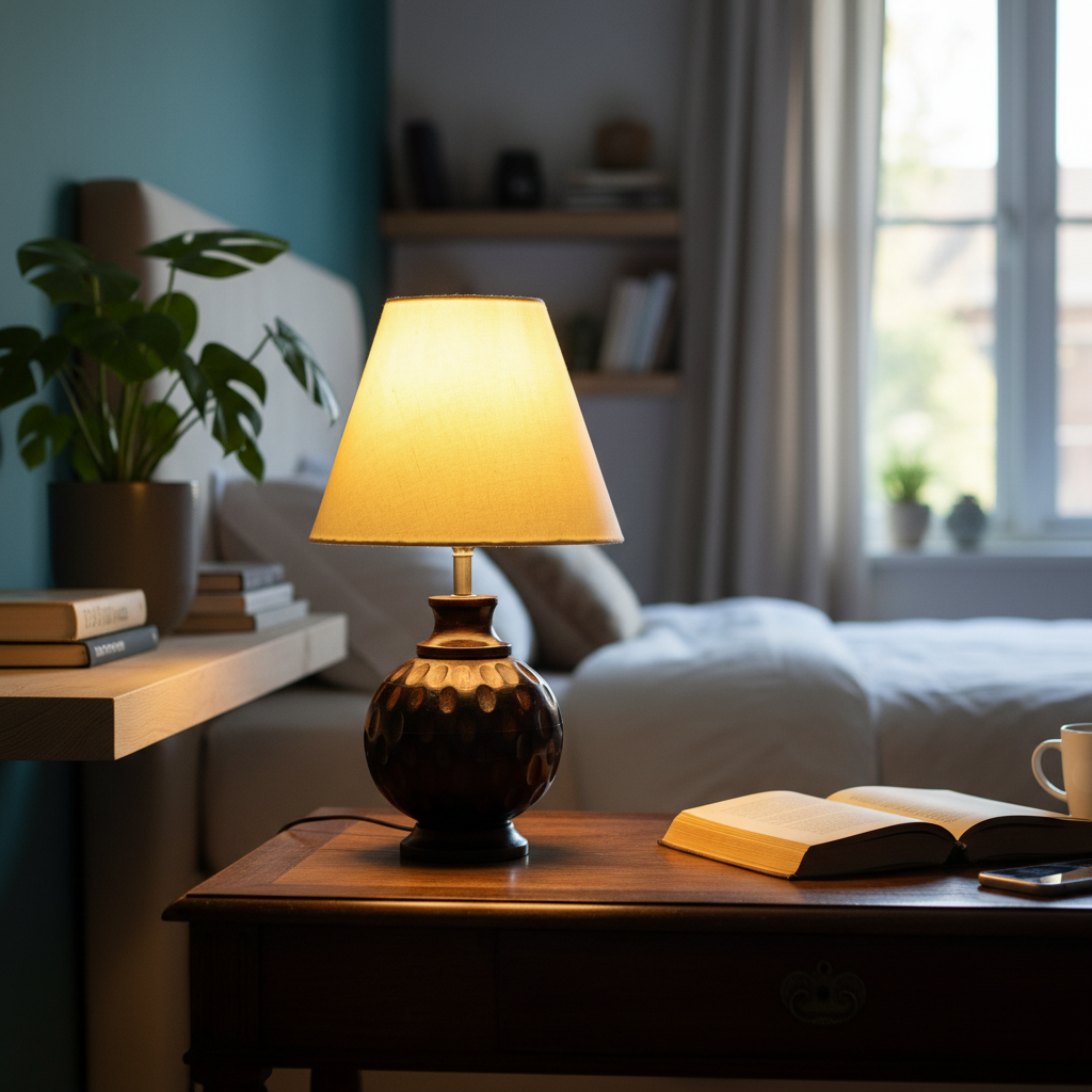 Rustic Wooden Bedside Table Lamp with Linen Shade – Traditional Night Lamp for Home Décor, Pack Of 1(Cream) - Image 2