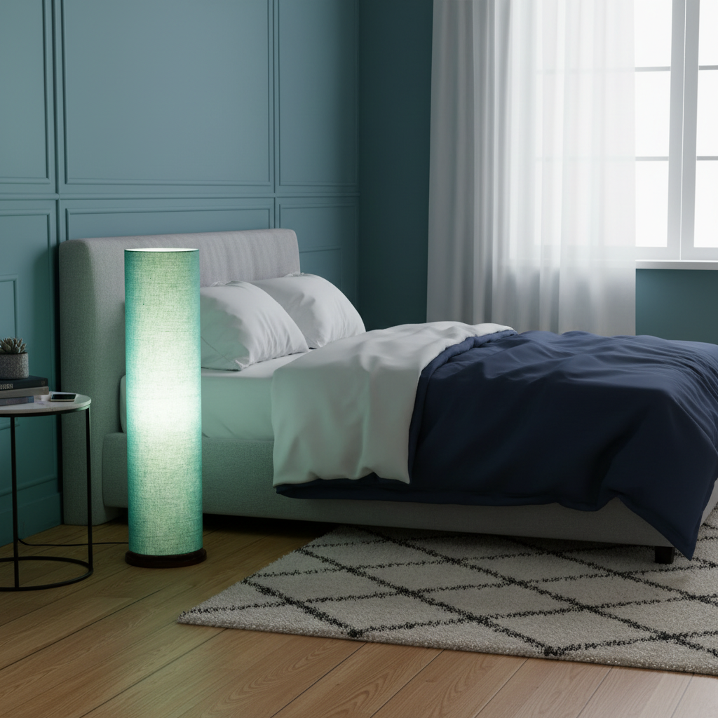 Wooden Base Cylinder Shape Corner Decorative Floor Lamp, Teal- Pack Of 1 - Image 9