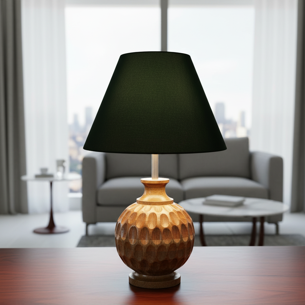 Artisan Carved Wood Table Lamp – Elegant Bedroom & Living Room Accent Light, Pack Of 1(Dark Green) - Image 5