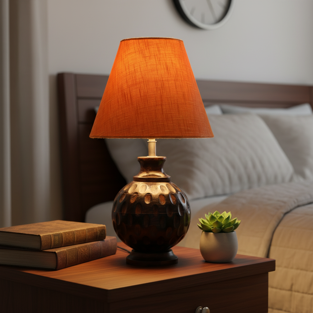 Rustic Wooden Bedside Table Lamp with Linen Shade – Traditional Night Lamp for Home Décor, Pack Of 1(Orange Texture) - Image 3