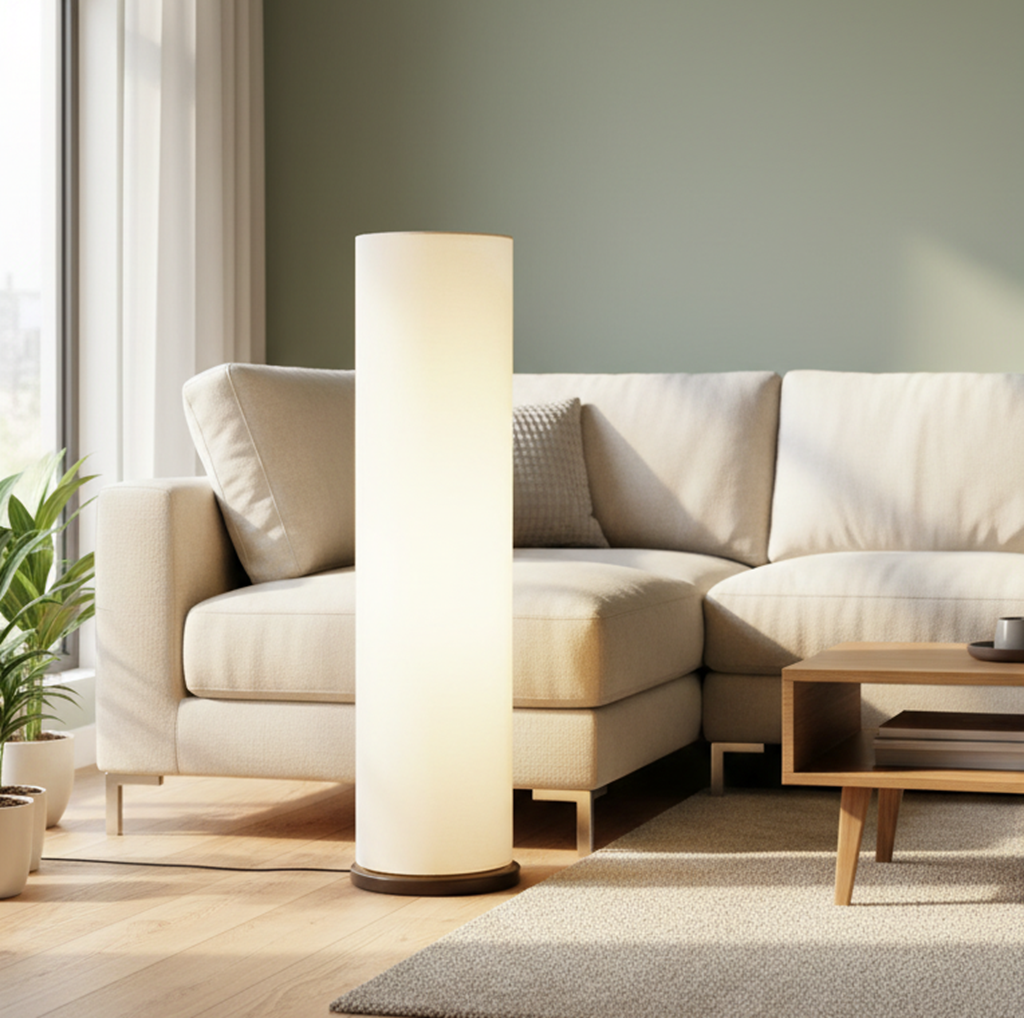 Wooden Base Cylinder Shape Corner Decorative Floor Lamp, Cream- Pack Of 1