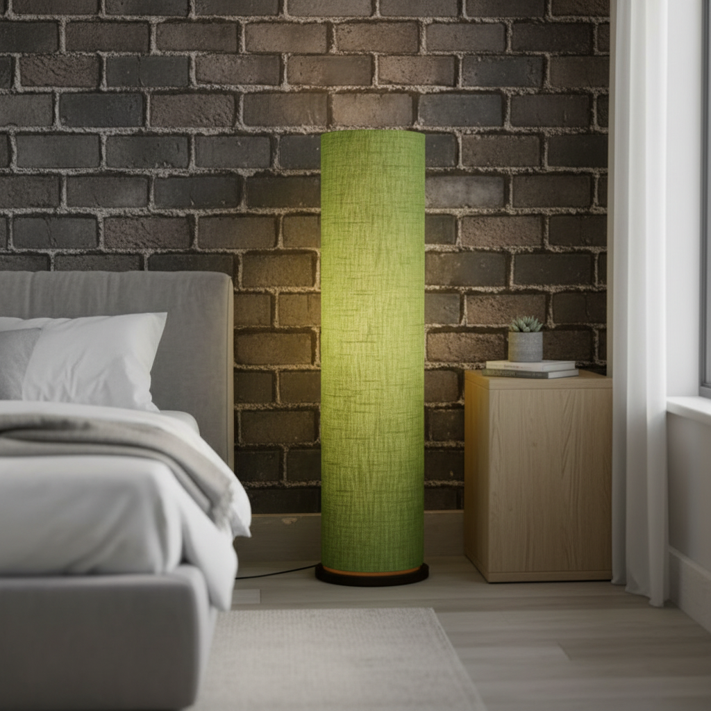 Wooden Base Cylinder Shape Corner Decorative Floor Lamp, Green Texture- Pack Of 1