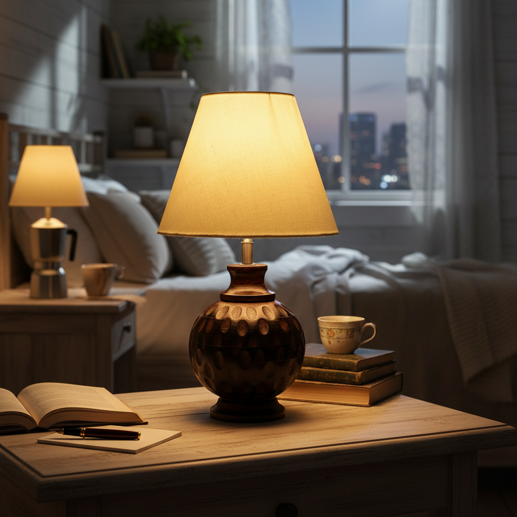 Rustic Wooden Bedside Table Lamp with Linen Shade – Traditional Night Lamp for Home Décor, Pack Of 1(Cream) - Image 9