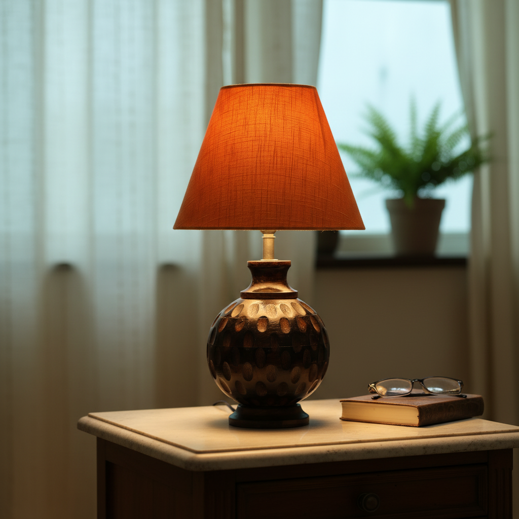 Rustic Wooden Bedside Table Lamp with Linen Shade – Traditional Night Lamp for Home Décor, Pack Of 1(Orange Texture) - Image 5