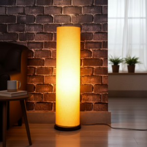 Wooden Base Cylinder Shape Corner Decorative Floor Lamp, Yellow- Pack Of 1