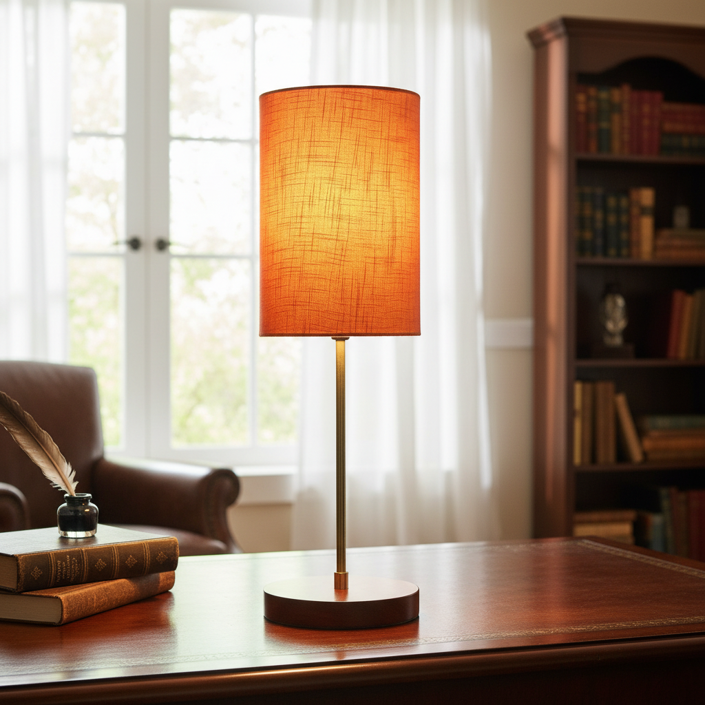 Decorative Brown Table Lamp with Cylinder Shade – Stylish Bedside & Reading Lamp for Home Décor(Orange Texture)