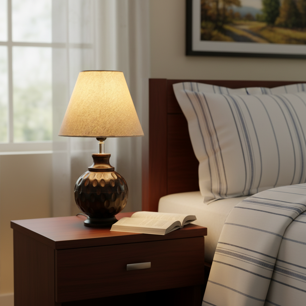 Rustic Wooden Bedside Table Lamp with Linen Shade – Traditional Night Lamp for Home Décor, Pack Of 1(Beige) - Image 3