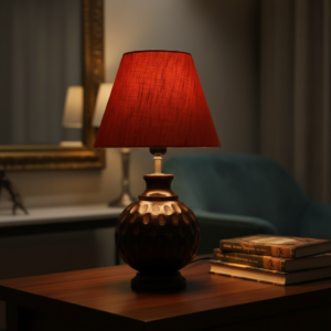 Rustic Wooden Bedside Table Lamp with Linen Shade – Traditional Night Lamp for Home Décor, Pack Of 1(Red Texture)