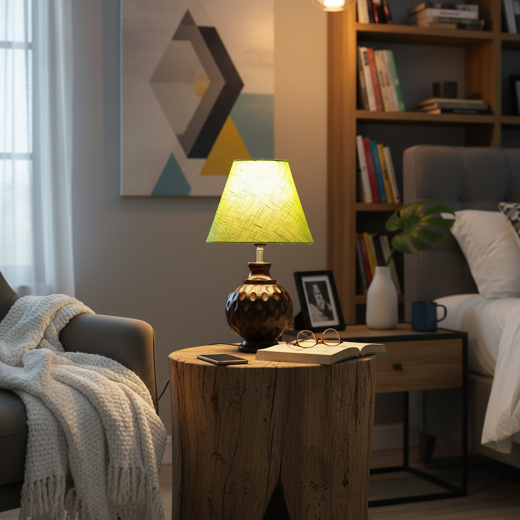 Rustic Wooden Bedside Table Lamp with Linen Shade – Traditional Night Lamp for Home Décor, Pack Of 1(Green Texture) - Image 2