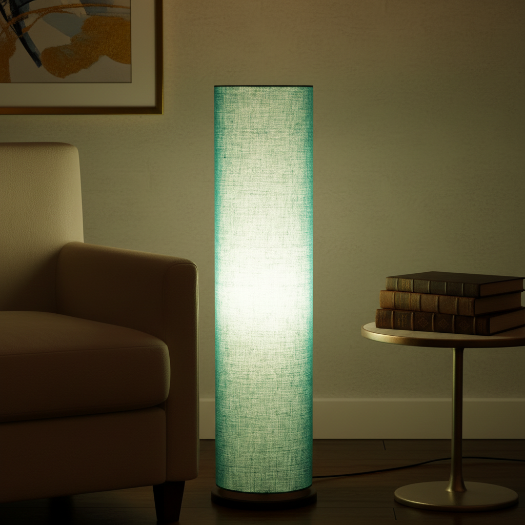 Wooden Base Cylinder Shape Corner Decorative Floor Lamp, Teal- Pack Of 1 - Image 5