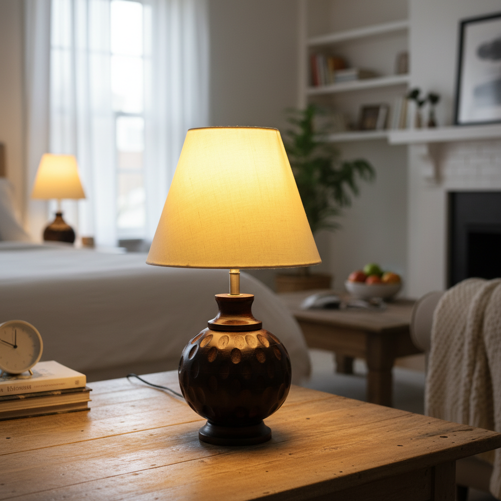 Rustic Wooden Bedside Table Lamp with Linen Shade – Traditional Night Lamp for Home Décor, Pack Of 1(Cream) - Image 6