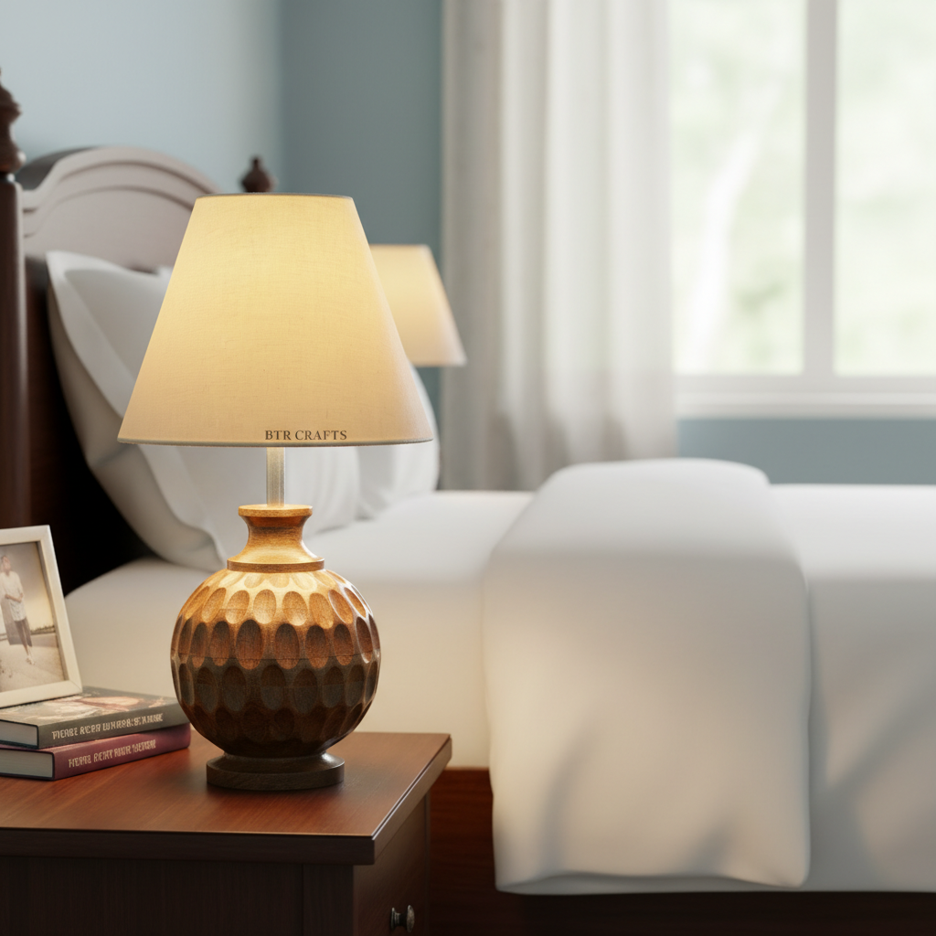 Artisan Carved Wood Table Lamp – Elegant Bedroom & Living Room Accent Light, Pack Of 1(Pale Yellow) - Image 2