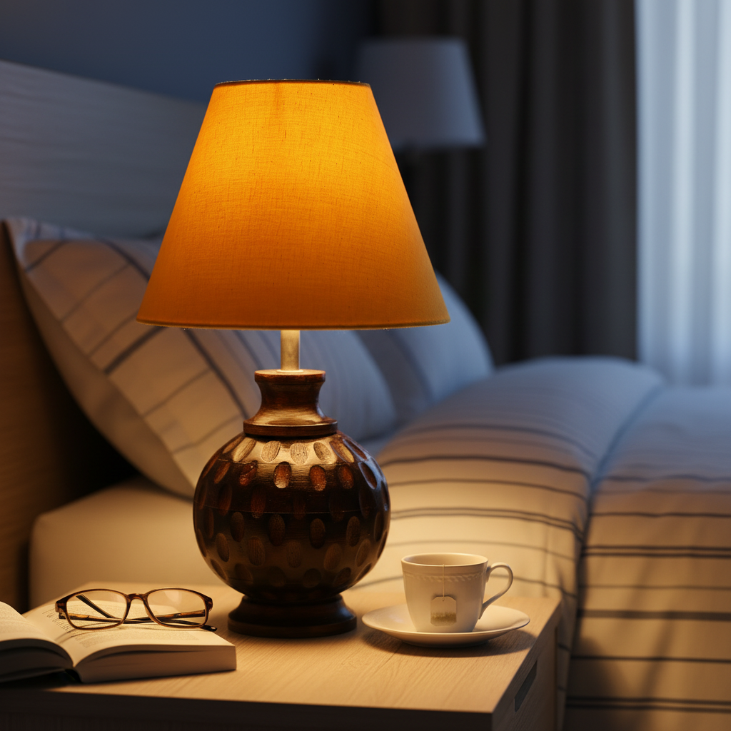 Rustic Wooden Bedside Table Lamp with Linen Shade – Traditional Night Lamp for Home Décor, Pack Of 1(Yellow) - Image 2