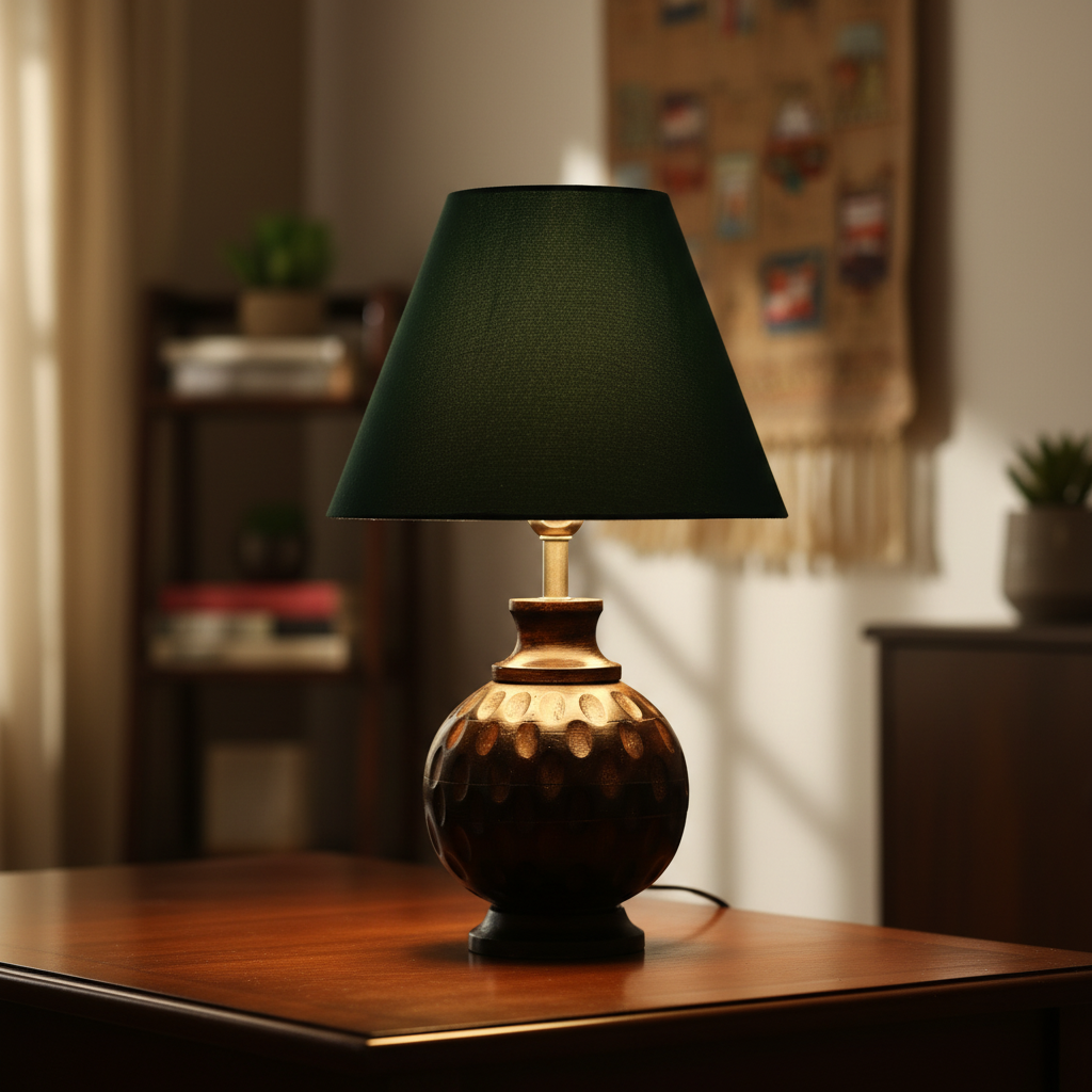 Rustic Wooden Bedside Table Lamp with Linen Shade – Traditional Night Lamp for Home Décor, Pack Of 1(Dark Green) - Image 2