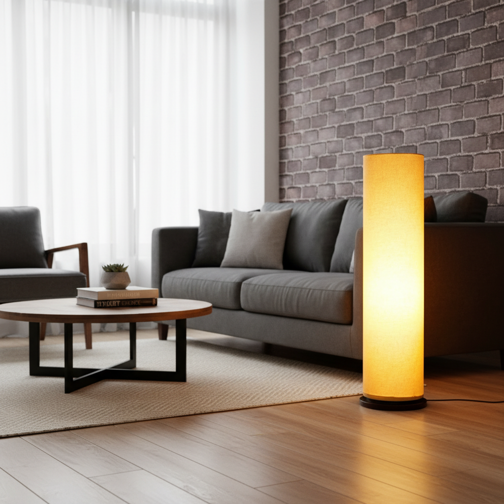 Wooden Base Cylinder Shape Corner Decorative Floor Lamp, Yellow- Pack Of 1 - Image 6