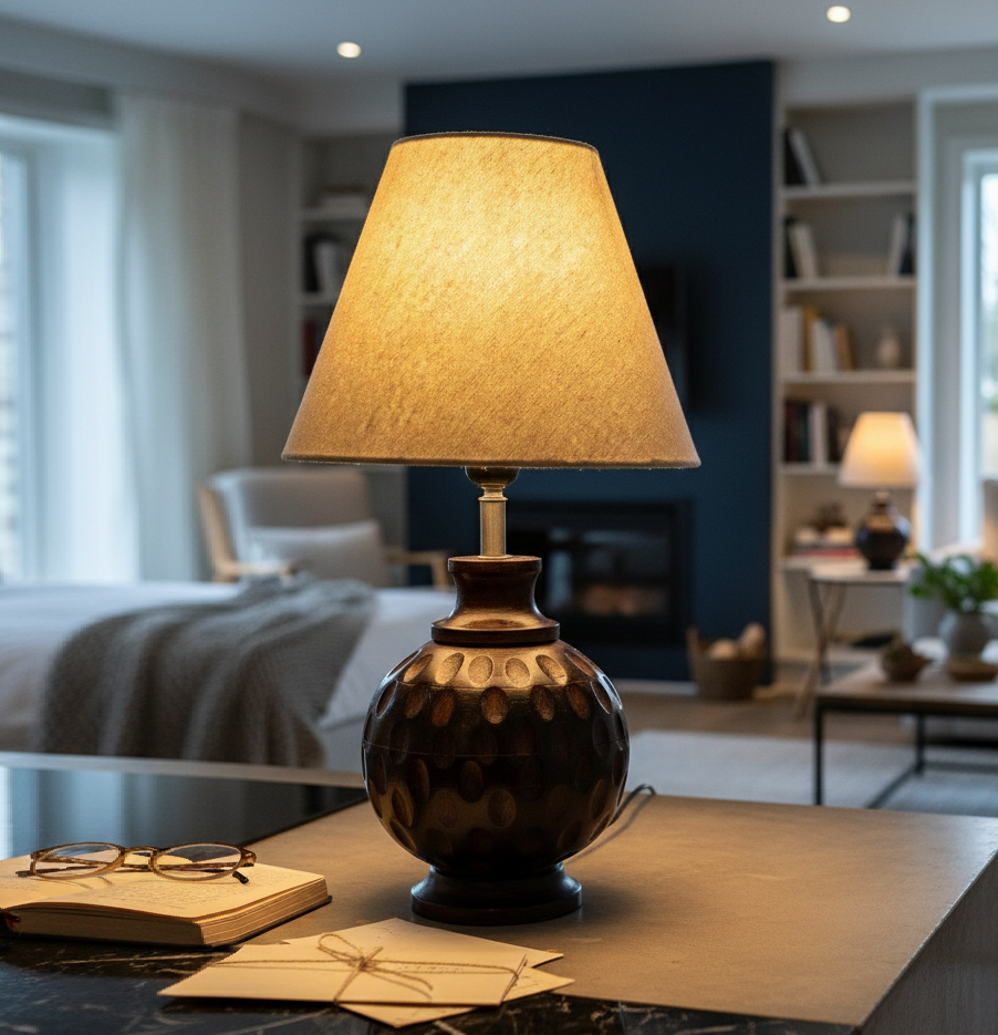 Rustic Wooden Bedside Table Lamp with Linen Shade – Traditional Night Lamp for Home Décor, Pack Of 1(Beige)