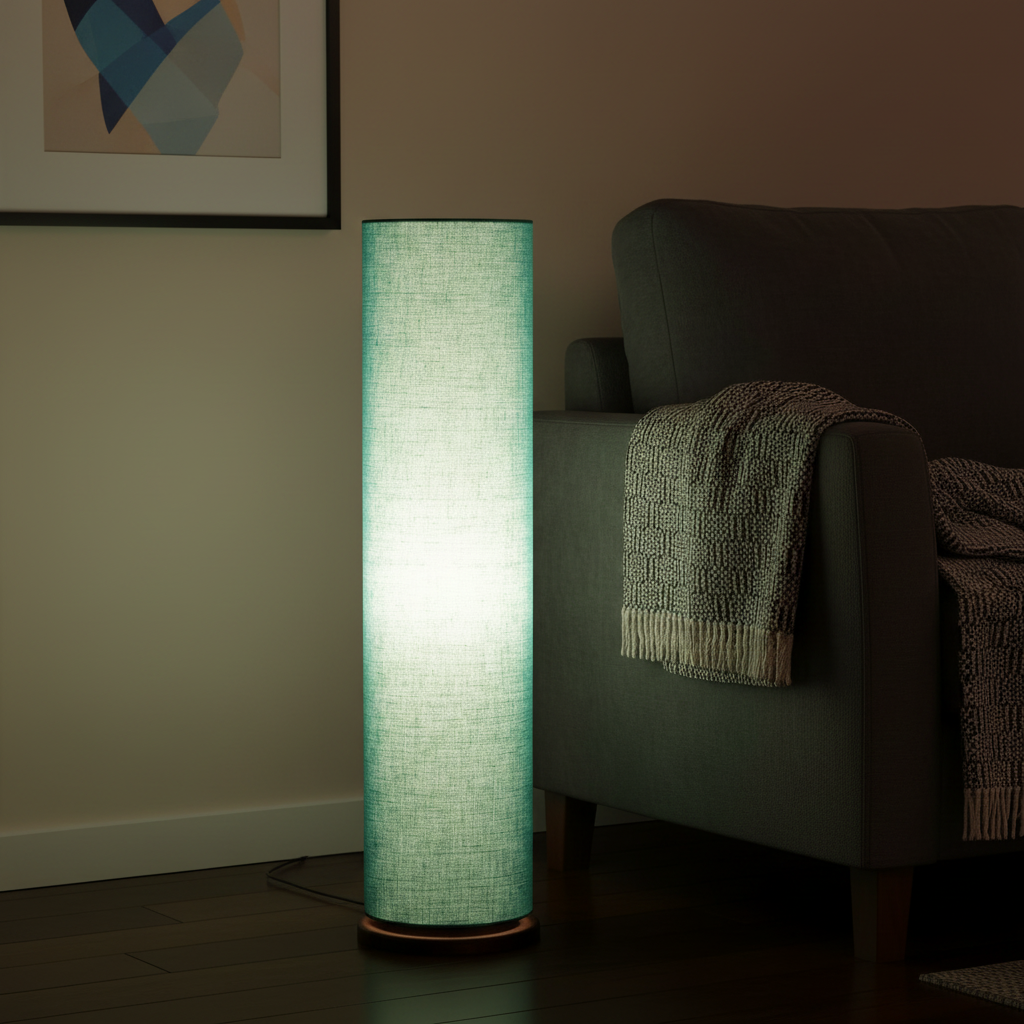 Wooden Base Cylinder Shape Corner Decorative Floor Lamp, Teal- Pack Of 1 - Image 6