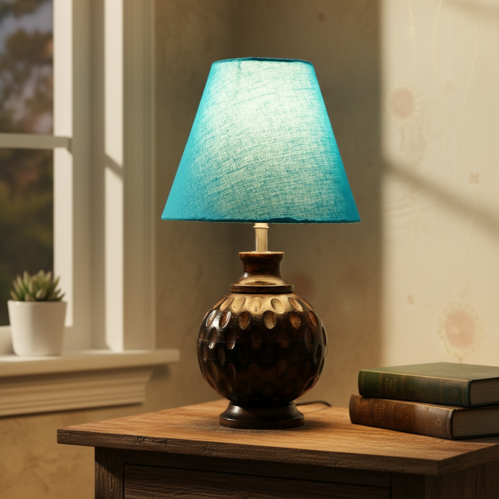 Rustic Wooden Bedside Table Lamp with Linen Shade – Traditional Night Lamp for Home Décor, Pack Of 1(Teal)