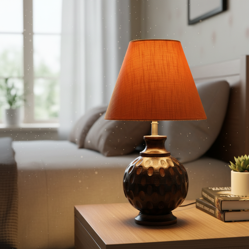 Rustic Wooden Bedside Table Lamp with Linen Shade – Traditional Night Lamp for Home Décor, Pack Of 1(Orange Texture) - Image 12