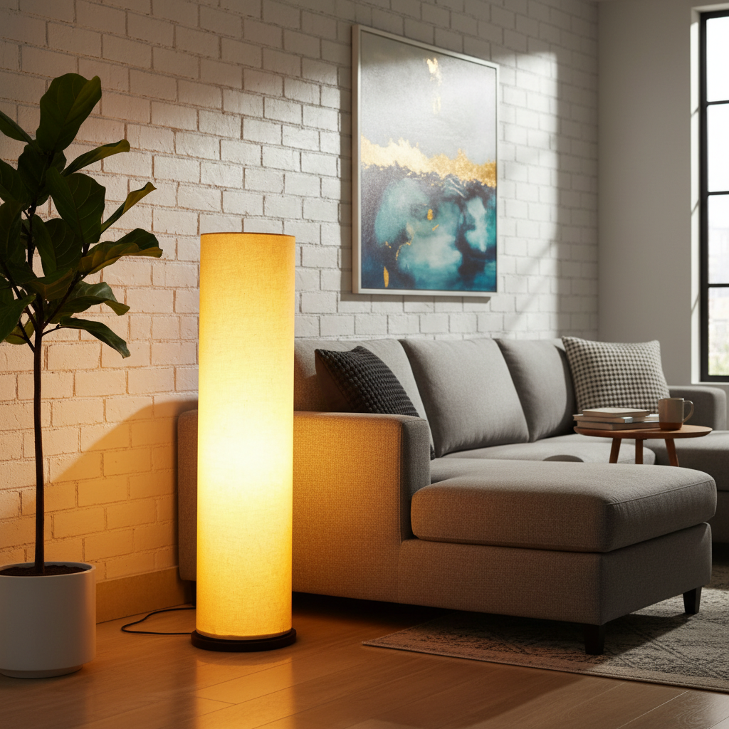 Wooden Base Cylinder Shape Corner Decorative Floor Lamp, Yellow- Pack Of 1 - Image 5