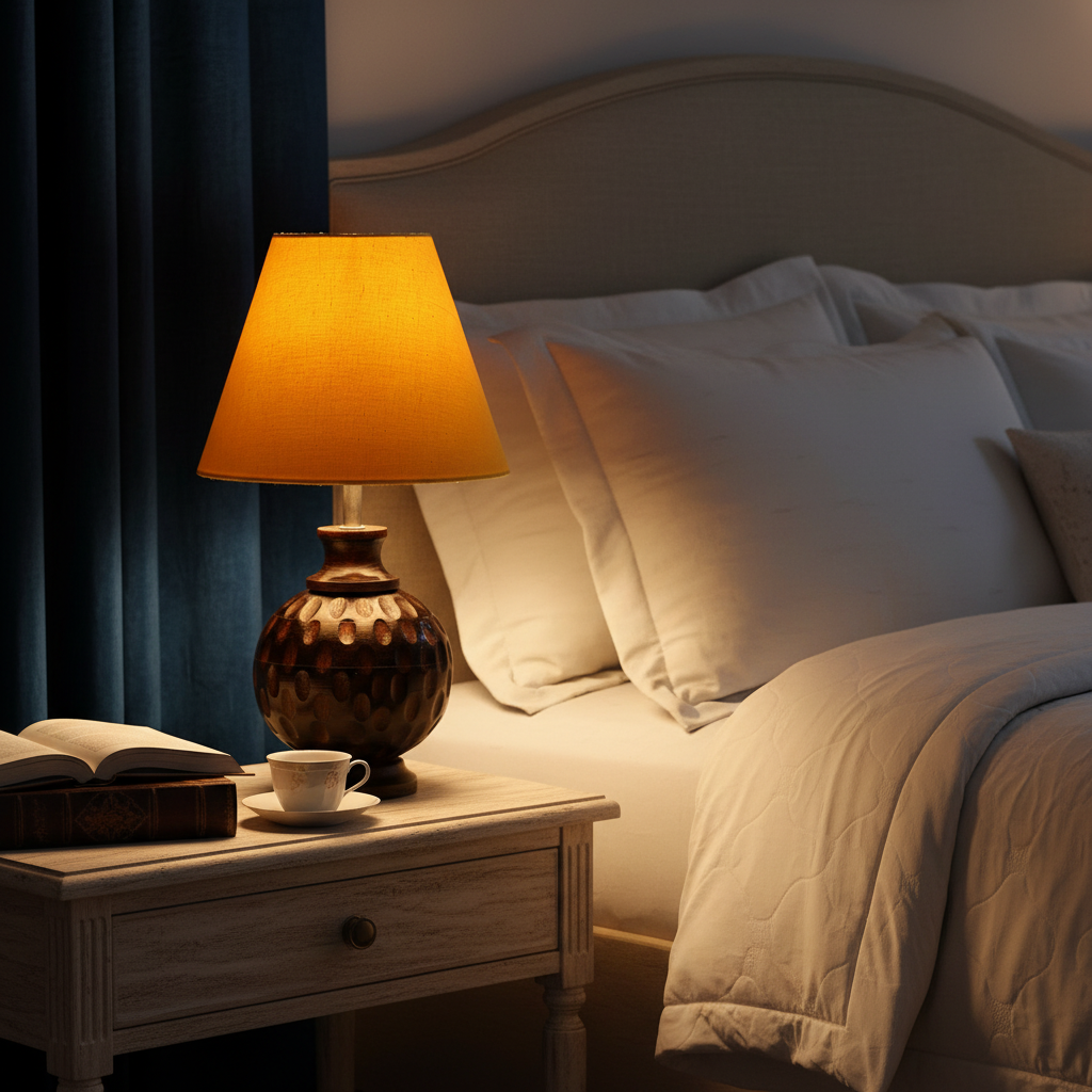 Rustic Wooden Bedside Table Lamp with Linen Shade – Traditional Night Lamp for Home Décor, Pack Of 1(Yellow) - Image 8