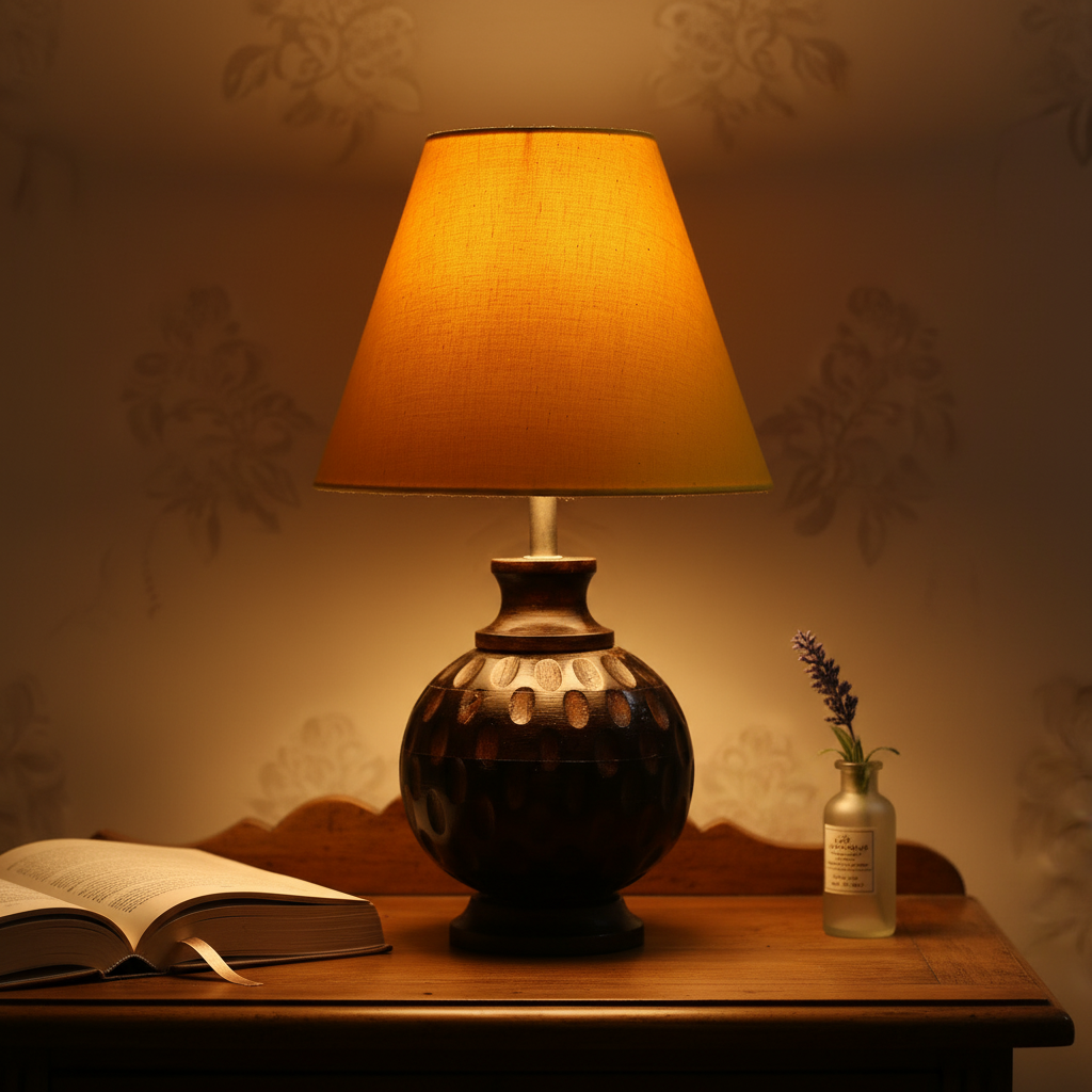 Rustic Wooden Bedside Table Lamp with Linen Shade – Traditional Night Lamp for Home Décor, Pack Of 1(Yellow)