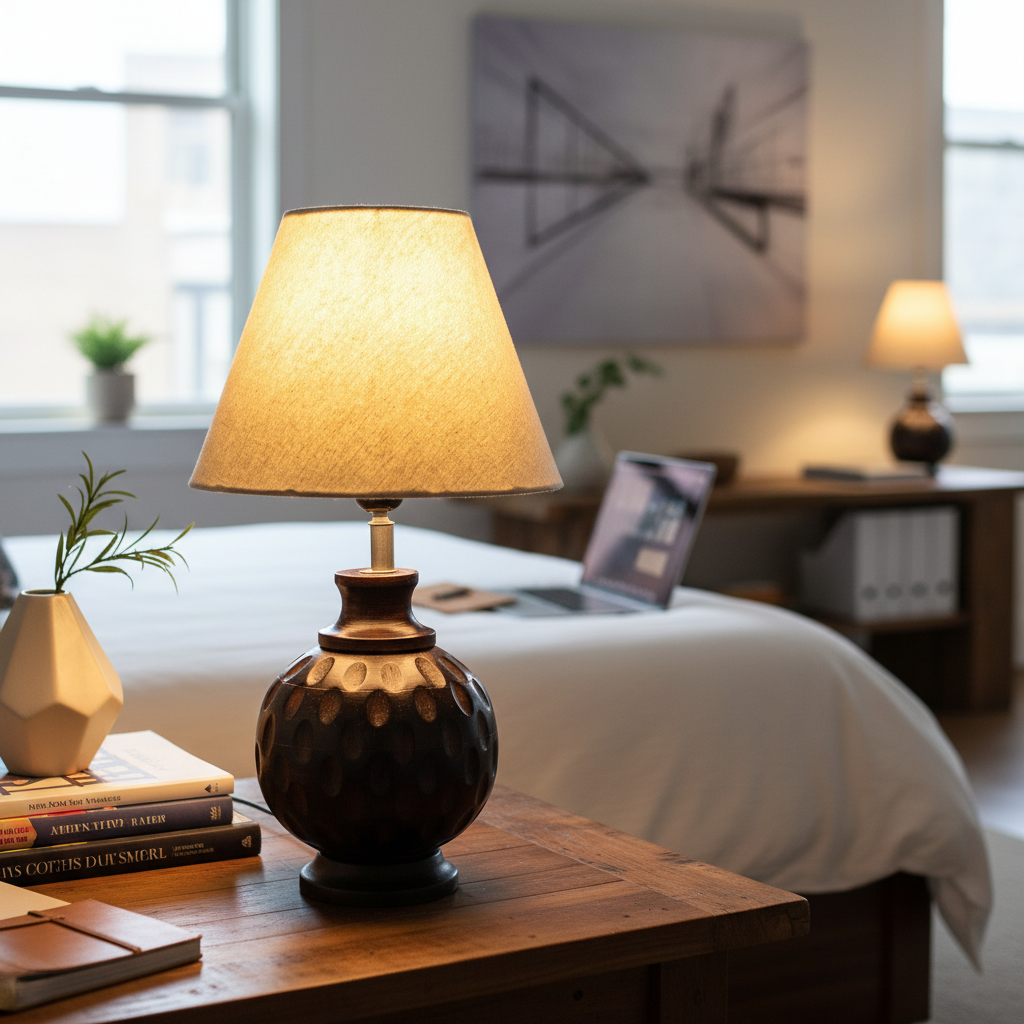 Rustic Wooden Bedside Table Lamp with Linen Shade – Traditional Night Lamp for Home Décor, Pack Of 1(Beige) - Image 9