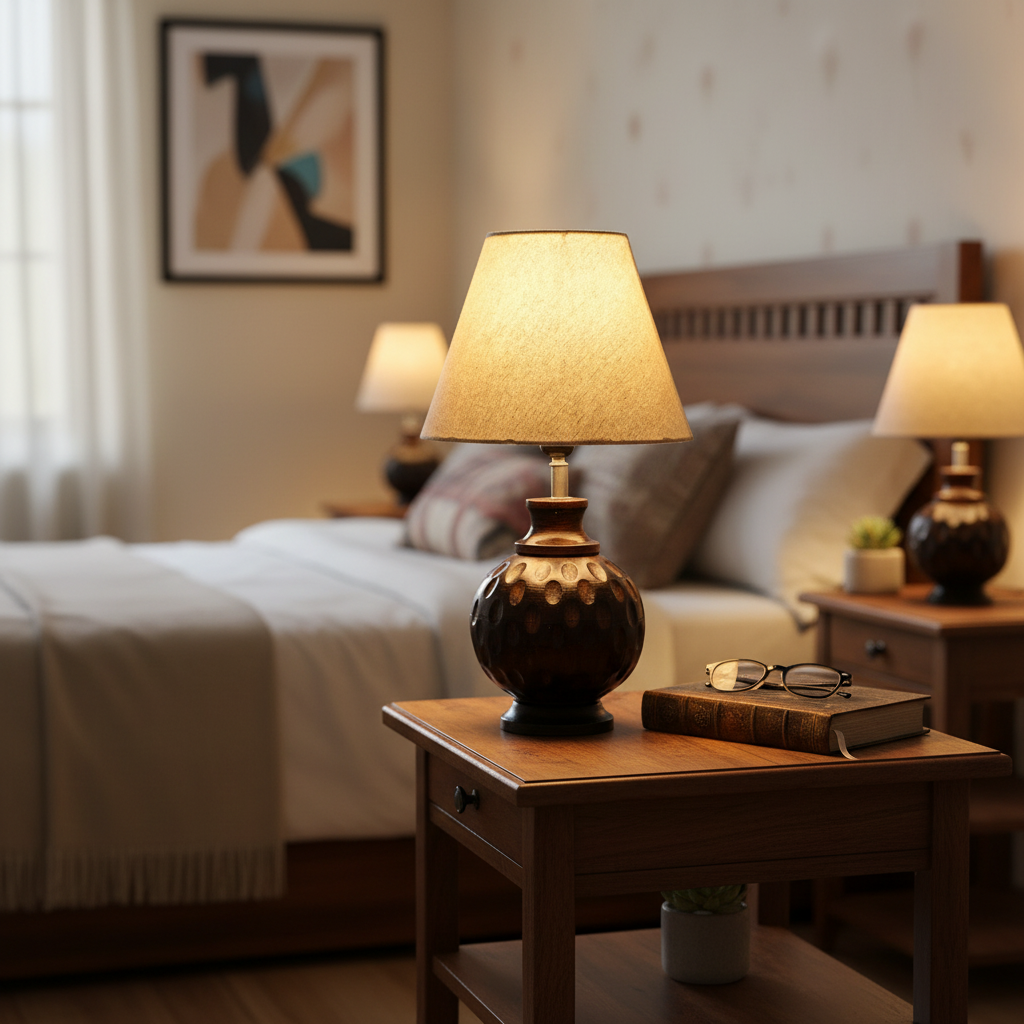 Rustic Wooden Bedside Table Lamp with Linen Shade – Traditional Night Lamp for Home Décor, Pack Of 1(Beige) - Image 2