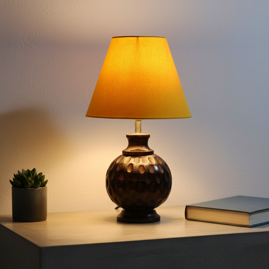 Rustic Wooden Bedside Table Lamp with Linen Shade – Traditional Night Lamp for Home Décor, Pack Of 1(Yellow) - Image 9