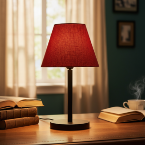 Black Bedside Lamp with Fabric Shade Minimalist Lamp for Bedroom, Living Room & Office – Warm Ambient Nightstand Light (Red Texture)