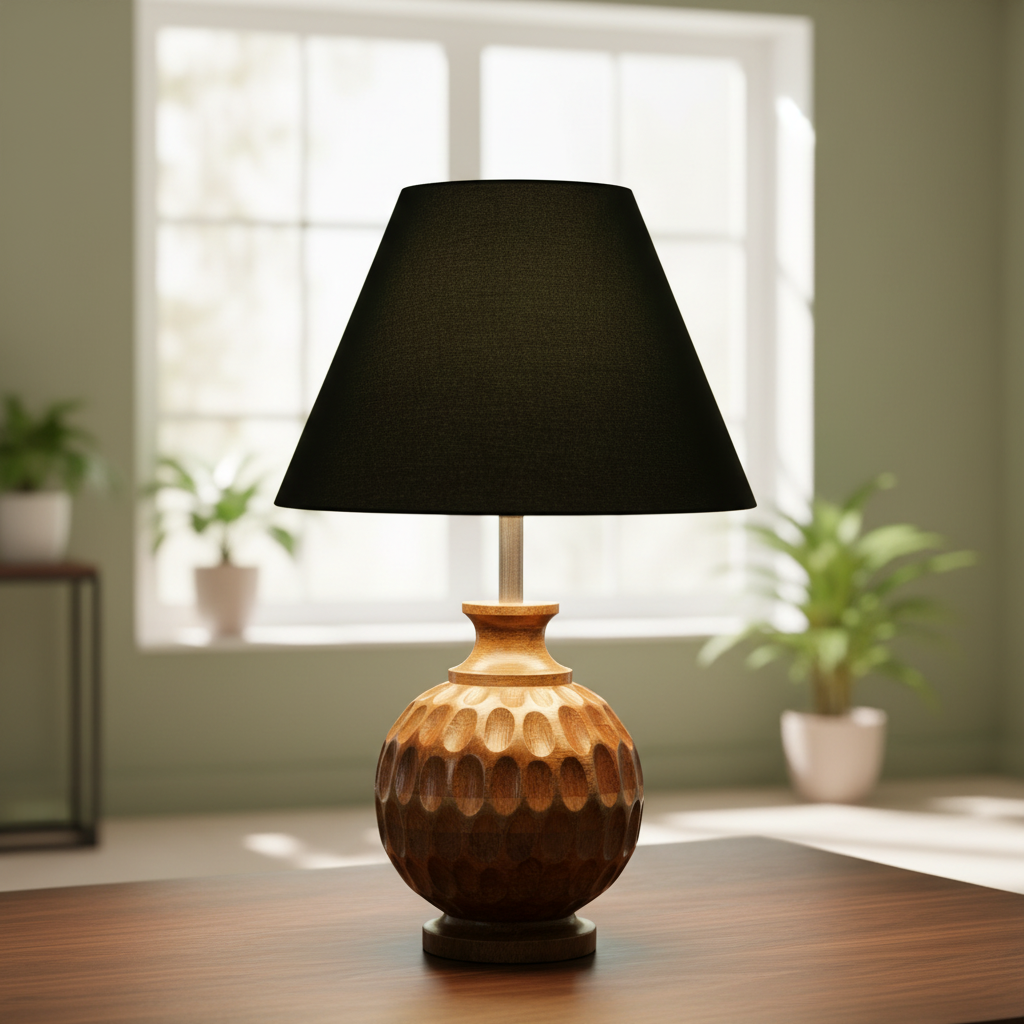 Artisan Carved Wood Table Lamp – Elegant Bedroom & Living Room Accent Light, Pack Of 1(Dark Green) - Image 2