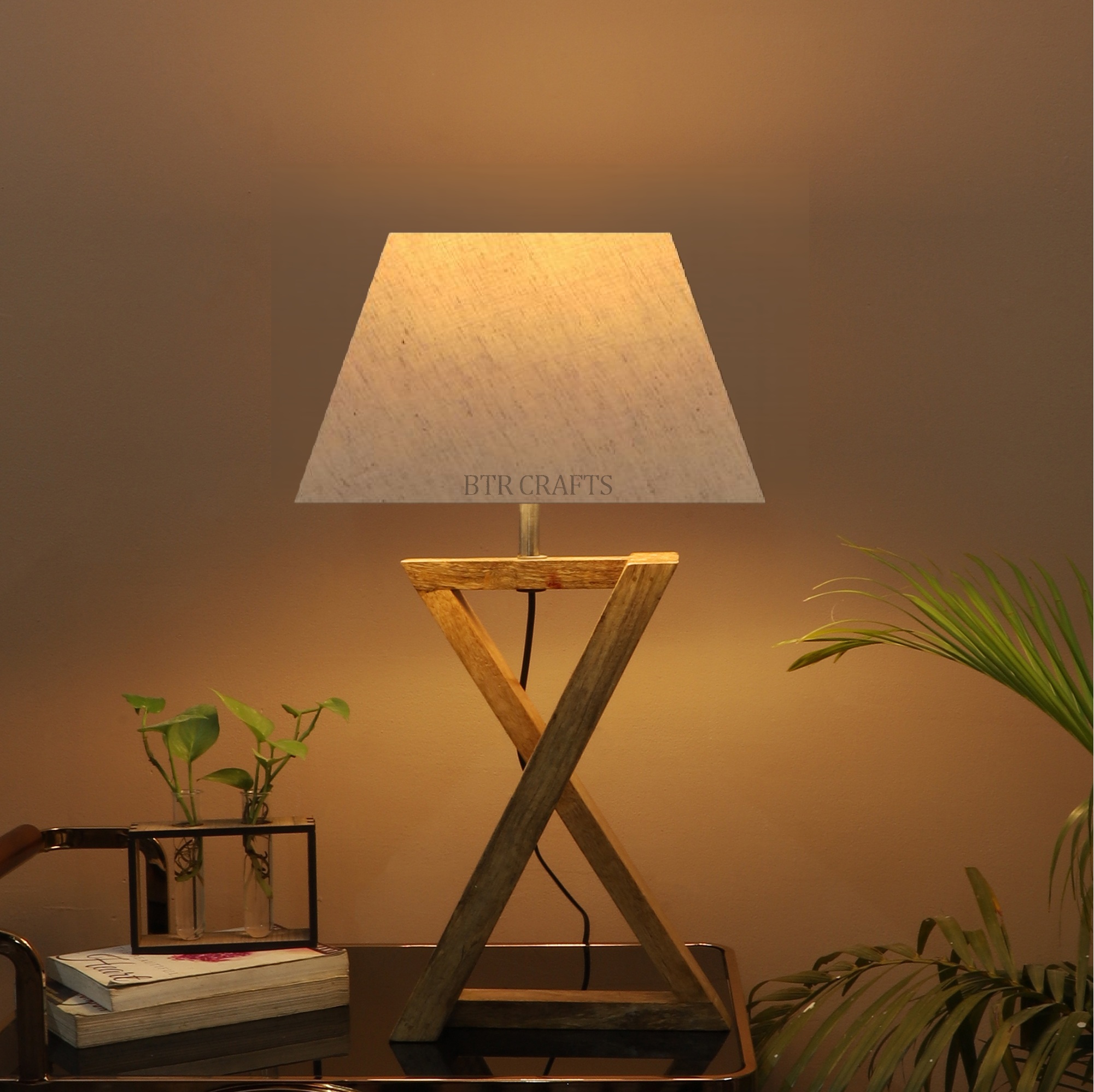 Natural Wood X-Cross Table Lamp Suitable For Bedroom Office And Living Room, Pack Of 1(Complete Set)
