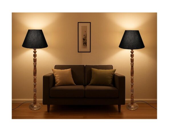 Pack of 2 Rustic Wood Conical Floor Lamp, Standing Light for Home Decor Living Room Bedroom & Dining Room Hotels Restaurant & Cafe and Gifting Items Complete Set- (Black)