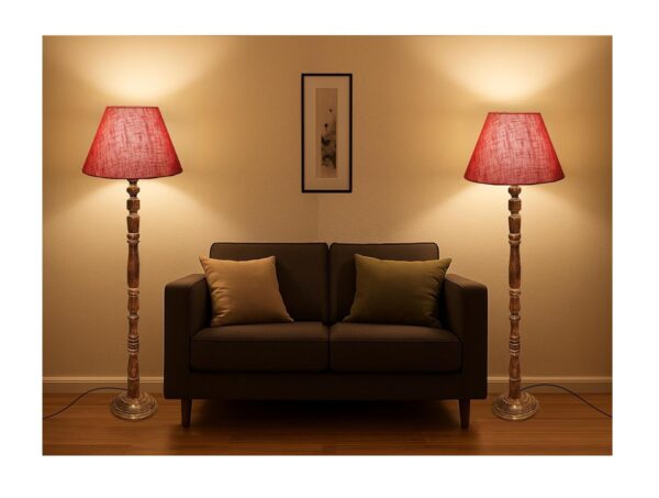 Pack of 2 Rustic Wood Conical Floor Lamp, Standing Light for Home Decor Living Room Bedroom & Dining Room Hotels Restaurant & Cafe and Gifting Items Complete Set- (Red Texture)