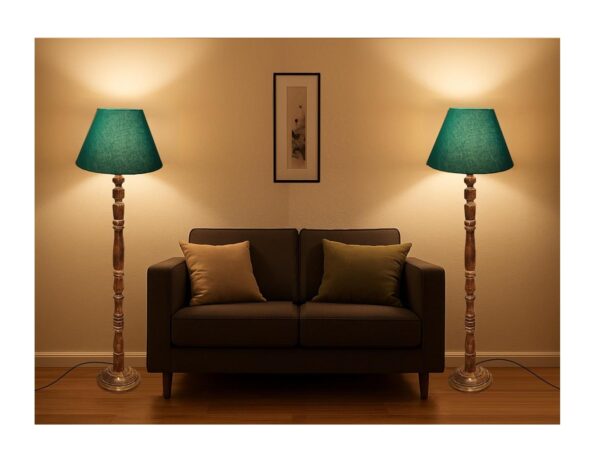Pack of 2 Rustic Wood Conical Floor Lamp, Standing Light for Home Decor Living Room Bedroom & Dining Room Hotels Restaurant & Cafe and Gifting Items Complete Set- (Teal)